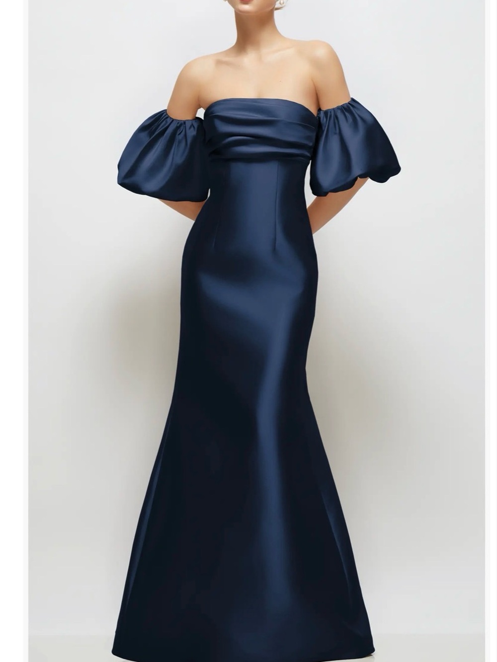 Off-the-Shoulder Navy Satin Evening Gown with Puff Sleeves